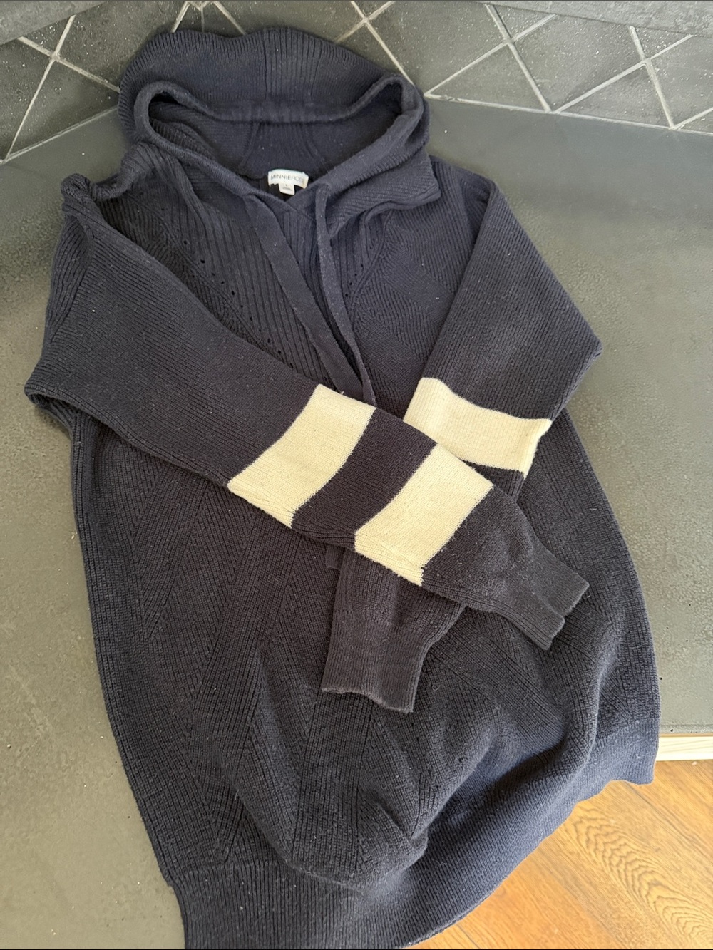 Minnie Rose Navy Hooded Women’s  Sweater with Cream Sleeve Stripes